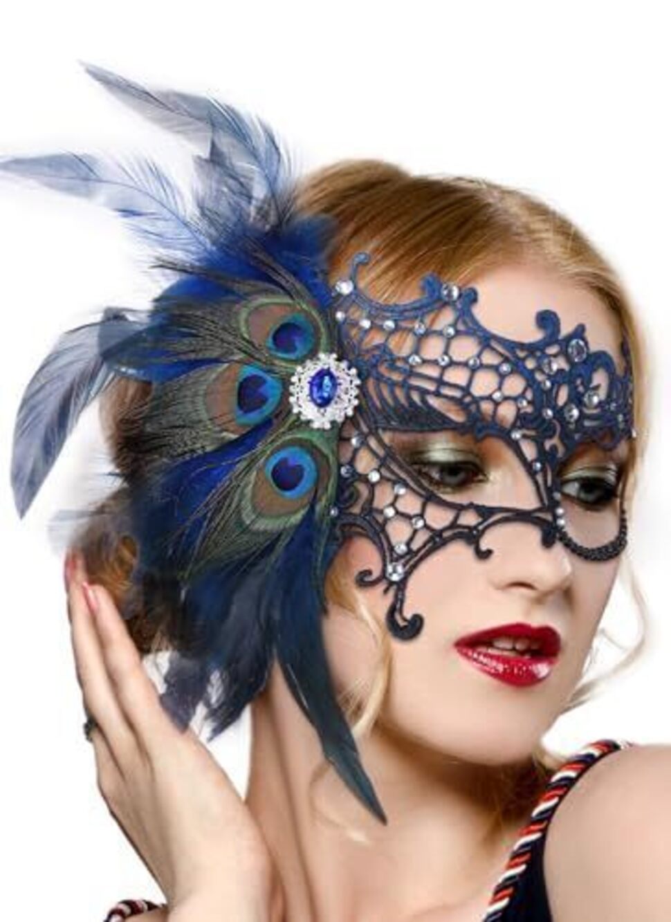 2886 Halloween Masquerade Masks -2026 Black Blue Peacock Feather Lace Mask